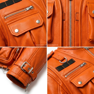 Custom <b>Mens</b> Orange Multi Pocket <b>Utility</b> Leather <b>Jacket</b> Wholesale High Quality Streetwear Outerwear Supplier OEM Manufacture - Product Image 6