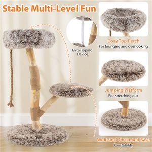 Tiragraffi Solido Grande per Gatti a 3 Livelli 49,5x90 cm in Legno Naturale di Pero con Tiragraffi in Juta e Peluche Lungo, Giocattoli in Carta per Animali Domestici - Product Image 6