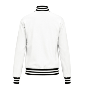 Custom <b>White</b> and Royal Blue Varsity Jacket with Striped Ribbed Collar Cuffs Hem Greek Letter Embroidery and Crest Logo Collegiat - Product Image 2
