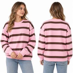Sweat-shirts en coton pour femmes à rayures roses, col rond côtelé, manches longues, pull-over 100% coton, respirant, léger, décontracté - Product Image 1