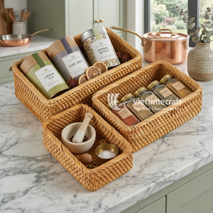 Ensemble de plateaux en rotin, plateaux gigognes tressés, organisateur de rangement de luxe pour la salle de bain, la cuisine et la décoration de bureau - Product Image 3