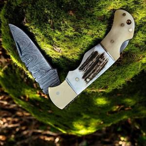 มีดพับเหล็กดามัสกัสทำมือแบบสั่งทำพิเศษ ด้ามเขาสัตว์ สไตล์คาวบอย - Product Image 5