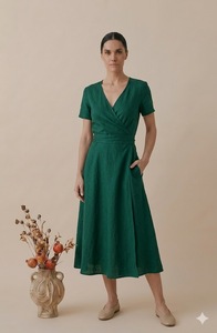 Robe Courte Femme Vintage en Lin Vert Naturel, Col Rond, Manches Courtes, Ample, à Nouer, Respirante, Couleur Unie, Idéale au Quotidien - Product Image 3