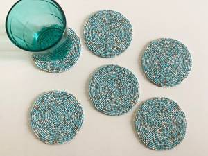 Handmade Beaded Coaster Set Of 5 Blue Gray Circular Reusable Bar Mats Classic <b>Drinkware</b> <b>Accessories</b> - Product Image 1