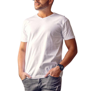 Men's <b>White</b> Short Sleeve O-Neck T-Shirt Slim Fit Casual Knitted 100% Cotton Jersey Solid Color <b>Plain</b> Dyed - Product Image 1
