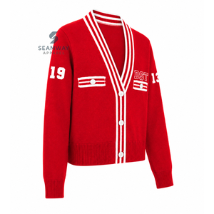 Delta| Sigma |Theta Sorority Women's Varsity Knit <b>Cardigan</b> V-Neck <b>Button</b> Front Striped Rib Trim Embroidered Preppy Style Sweater - Product Image 2