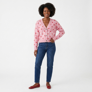 Cárdigan de Punto Acrílico con Estampado de Corazones Rosados de la Hermandad HMR, Manga Larga, Estilo Casual, Largo Regular - Product Image 3