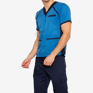 Conjunto de uniforme médico azul para hombre con cuello en V, pantalones azul marino, tela de punto con elastano, fusión sin costuras, detección de agujas, secado rápido - Product Image 4