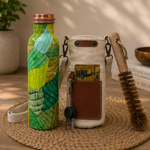 Vase d'hydratation artisanal en cuivre imprimé abstrait coloré avec brosse, écologique, portable, multi-usage, pour la maison, avec couvercle et sous-verre - Product Image 5