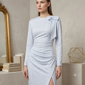 Vestido Midi Azul Elegante Estampado de Fabricante Vietnamita con Detalle de Lazo, Manga Larga, Ajuste Ceñido, para Uso Diario de Verano, EDM ODM, Cintura Natural - Product Image 2