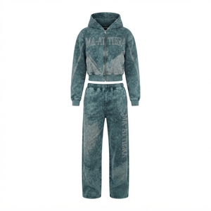 Conjunto de chándal de dos piezas para mujer: sudadera con capucha extragrande lavada y cremallera, y pantalones de chándal de pierna ancha, estilo streetwear. - Product Image 3