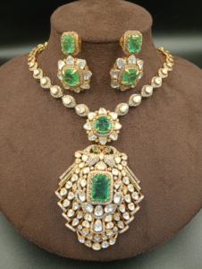 Gold Plated Emerald Cut Cubic Zirconia Engagement <b>Statement</b> <b>Necklace</b> Set Matching Earrings Women Ethnic Style - Product Image 3
