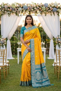 <b>Yellow</b> Banarasi Silk <b>Saree</b> With Blue Zari Border And Blouse For Women Traditional Indian Wedding Wear - Product Image 4