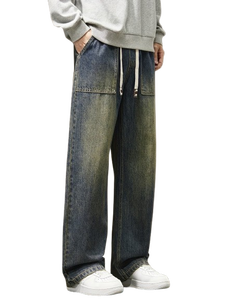 Mens Loose Fit Drawstring Wide Leg Washed Blue <b>Jeans</b> Casual Vintage Tinted Patch Pocket Denim Pants Streetwear <b>Soft</b> 100% Cotton - Product Image 4