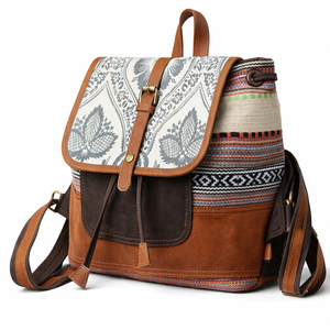 Sac à dos vintage en toile et cuir véritable fait à la main, mode estivale, sac de voyage ethnique bohème pour femmes, prêt à être expédié aux États-Unis - Product Image 5