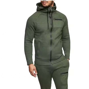 Ensemble de jogging décontracté pour homme, vert olive, à capuche, fermeture éclair intégrale, couleur unie, respirant, en polyester et élasthanne, avec poches latérales - Product Image 3
