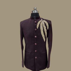 Sherwani Premium para Hombre, Estilo Tradicional, con Patrón de Helecho Dorado, Sin Arrugas, Cuello Mandarín Estructurado, para Bodas y Fiestas - Product Image 3