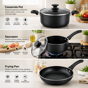 Juego de Utensilios de Cocina Antiadherentes de Primera Calidad |   Cacerola de 24 cm, Sartén de 24 cm, Cacerola para Salsas de 16 cm con Tapas de Vidrio, Juego de Cocina Compatible con Inducción - Product Image 3