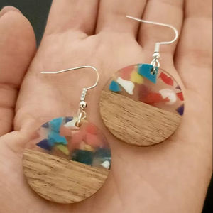 Handmade Round <b>Resin</b> Wood Earrings Multicolor Pattern Dangle Jewelry Crafted with Epoxy <b>Resin</b> and Natural Wood <b>Resin</b> <b>Crafts</b> - Product Image 1