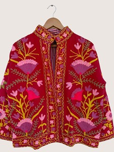 Manteau à col mandarin brodé de fleurs rouges, manches longues, style bohème, vêtement d'extérieur décontracté pour adultes, à porter en automne - Product Image 4