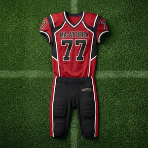 Pantalon de football rembourré personnalisé rouge et noir, uniforme OEM ODM, vêtements de sport en gros, uniforme d'équipe numéro 77 - Product Image 5