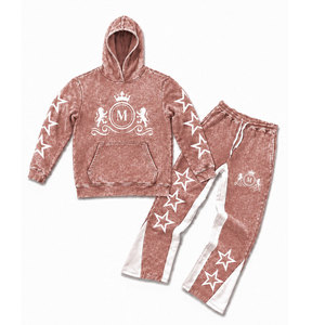 Ensemble de survêtement à capuche délavé pour homme avec étoiles blanches et pantalon long à cordon de serrage 350 g/m² 100 % coton Streetwear - Product Image 1