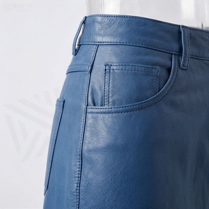 Jupe crayon en cuir PU bleu taille haute pour femme, longueur genou, couleur unie, style minimaliste avec poche - Product Image 5