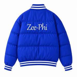 Custom Zeta Phi Beta sorority <b>Puffer</b> <b>jacket</b> embroidered logo on front blue and <b>white</b> color full sleeve <b>jacket</b> for female - Product Image 3