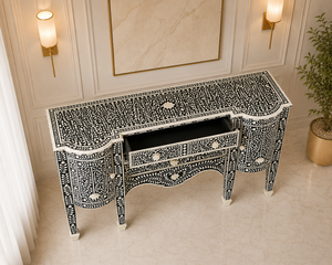 <b>Black</b> Bone Inlay <b>Sideboard</b> Console Table Solid Wood Living Room Cabinet Entryway Storage Furniture - Product Image 4