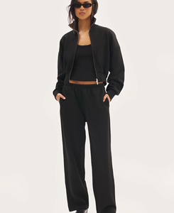 Sudadera Corta Negra con Cierre para Mujer, Talla XS, Manga Larga, Cuello Alto, Chaqueta Informal de Punto de Algodón, Color Sólido, Ropa de Otoño - Product Image 1