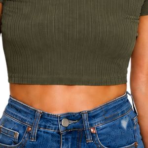 Olive Green Ribbed Crop <b>Top</b> Women Short Sleeve Crew Neck Slim Fit Casual Knitted T Shirt Summer Fashion Stretch Cotton Spandex - Product Image 6