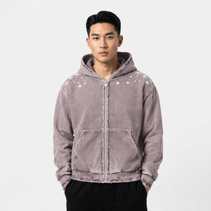 Livraison sans taxes aux États-Unis, sweat-shirt à capuche zippé personnalisé avec strass, style vintage streetwear pour homme, coupe ample, pour l'automne - Product Image 3