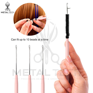 Professional Hair Extension Pulling <b>Needle</b> Tool, Pink Color Stainless Steel Anti Slip Handle Micro Ring Loop <b>Threader</b> Set - Product Image 3