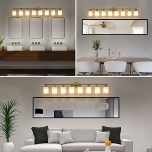 Applique da Parete Moderna a 8 Luci, 52 Pollici, Finitura Dorata con Paralumi in Vetro Satinato per Illuminazione Bagno e Corridoio, Lampadine Non Incluse - Product Image 5