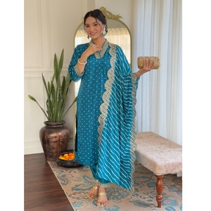 Kurti recto de viscosa Chanderi color firozi para mujer, el más vendido, con pantalón y dupatta con estampado digital. - Product Image 1