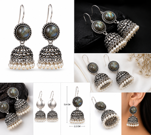 Pendientes Jhumka de Labradorita al por Mayor |   Pendientes de Plata Oxidada con Perlas |   Fabricante de Joyería Étnica India Hecha a Mano - Product Image 4