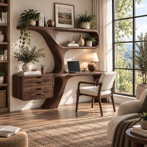 Bureau mural moderne artisanal en bois avec étagères en forme d'arbre et tiroir pour bureau à domicile, étagère en bois massif naturel - Product Image 1