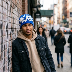 Royal Blue Cream Graphic Knit Beanie Hat Custom Logo Ribbed <b>Winter</b> <b>Cap</b> Unisex Streetwear Fashion Headwear Wholesale OEM Factory - Product Image 2