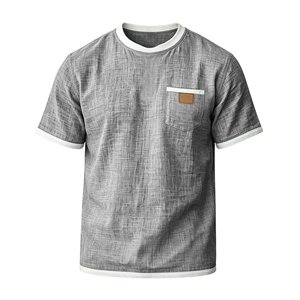 T-shirt à manches courtes en coton et lin respirant et écologique pour homme, avec bordure contrastée, poche poitrine, coupe classique, style décontracté - Product Image 5