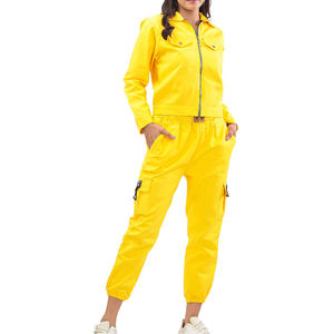 Combinaison cargo jaune pour femme avec fermeture éclair sur le devant, manches longues, col rabattu, tenue décontractée, printemps, respirante, en polyester tissé - Product Image 1