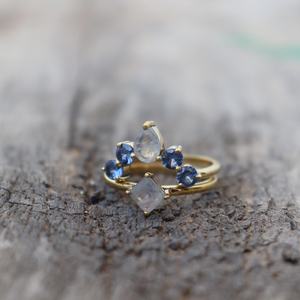 Bague de promesse en pierre de lune naturelle et saphir, pierre de lune bleue, argent sterling 925 plaqué or 14 carats, bague délicate, cadeau - Product Image 4