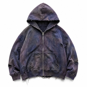 Sudadera con capucha para hombre OEM personalizada, 100% algodón, con cremallera, efecto desgastado, lavado ácido vintage, corte holgado, estilo urbano - Product Image 1
