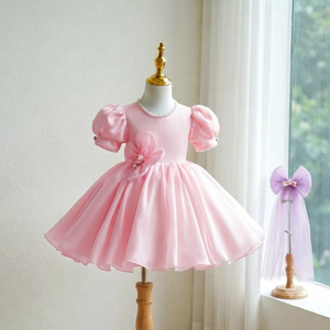 Elegante Vestido de Satén Color Champán para Niñas, Vestido de Princesa con Mangas Abullonadas y Flores 3D para Fiestas de Cumpleaños, Vestido para Invitadas de Boda, Traje para Ocasiones Especiales - Product Image 2