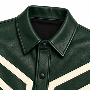 Chaqueta Bomber de Cuero Genuino Verde para Hombre, Diseño Geométrico con Bloques de Color, Cuello Camisero, Cierre de Cremallera, Estilo Urbano Ecológico - Product Image 3