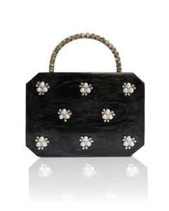 Black Shiny Resin Clutch Marble Effect Pattern Rhinestone Embellishment Magnetic Closure Shoulder Chain-Women's Handbag Purse - Product Image 1