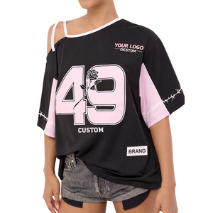 Wholesale Custom Women Jersey Top <b>Tie</b> Shoulder Relaxed Fit Cotton Streetwear Fashion Sports Tee OEM Manufacturer Jersey - Product Image 4