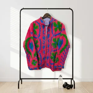 Silkgram <b>Women</b> Suzani Stand Collar Floral <b>Embroidered</b> Knitted 100% Cotton Windproof Breathable Winter Long Sleeve <b>Jacket</b> - Product Image 5