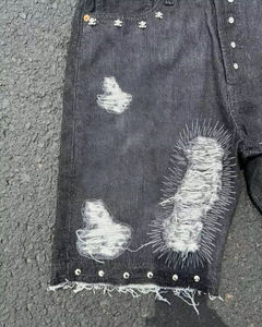 Pantalones Cortos de Mezclilla Negros Desgastados para Hombre, Talla Grande, Estilo Veraniego, Holgados, Y2K, Streetwear, con Pedrería, Lavado Personalizado, Precio Accesible - Product Image 3