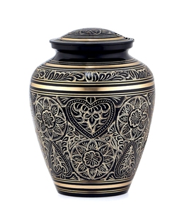 Urna Funeraria de Metal Negro con Tapa de Latón Grabada y Patrones de Corazones Intrincados para Guardar Cenizas de Adultos - Product Image 1