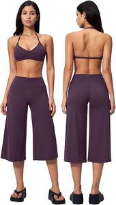 Cream 2 Piece Yoga Set Deep V Neck <b>Halter</b> Crop <b>Top</b> High Waist Wide Leg Calf-Length Pants Breathable Spandex Nylon Seamless - Product Image 6